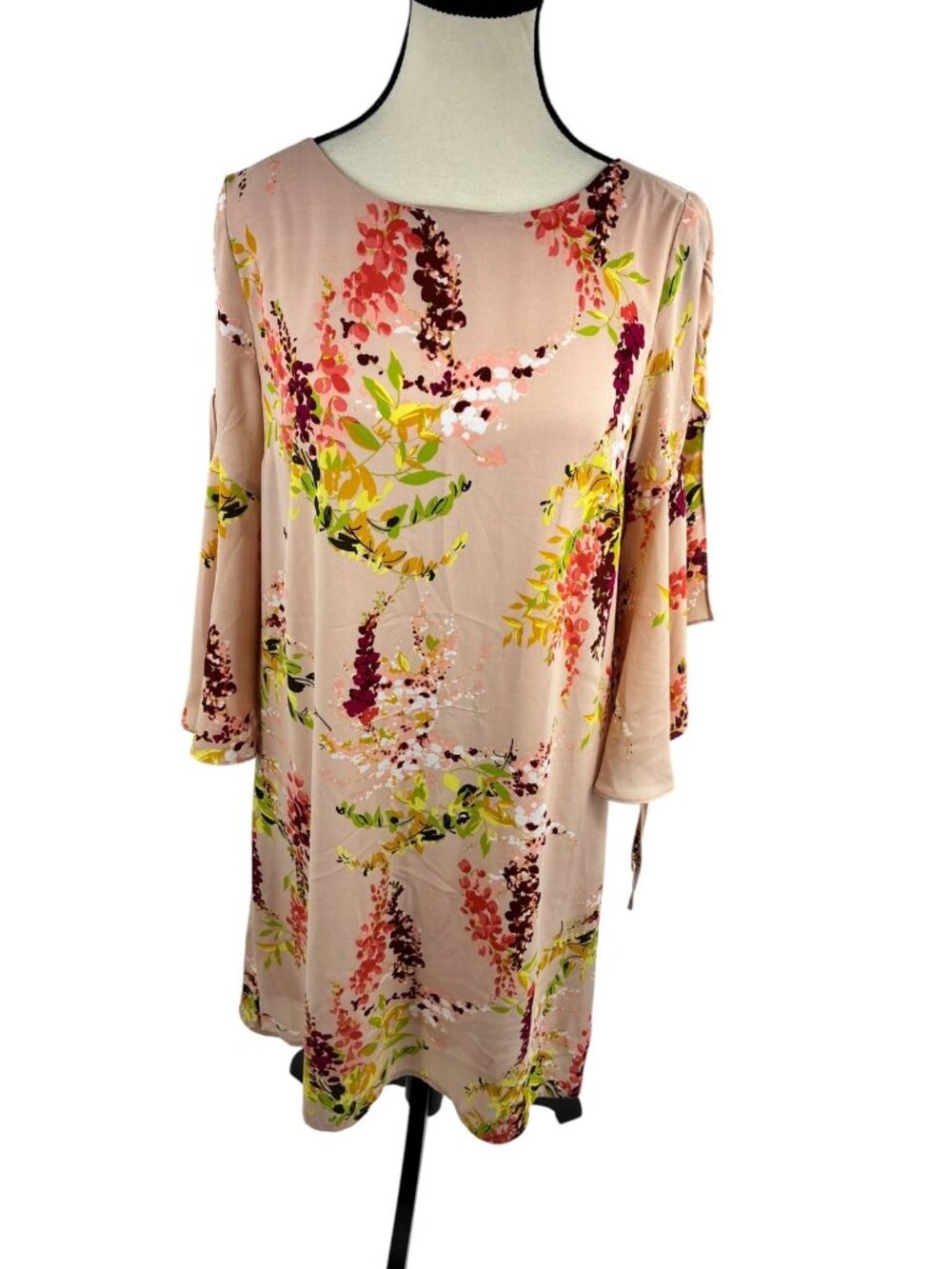 Worthington Womens Pink Floral Shift Dress Size S 3/4 Bell Sleeve Tie Detail